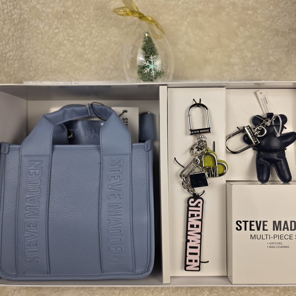 Steve Madden Blue Satchel Gift Set with Charms, Teddy Keychain, Christmas Promo